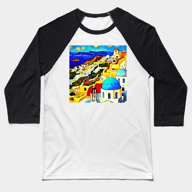 Santorini - Van Gogh Style Baseball T-Shirt by Crestern